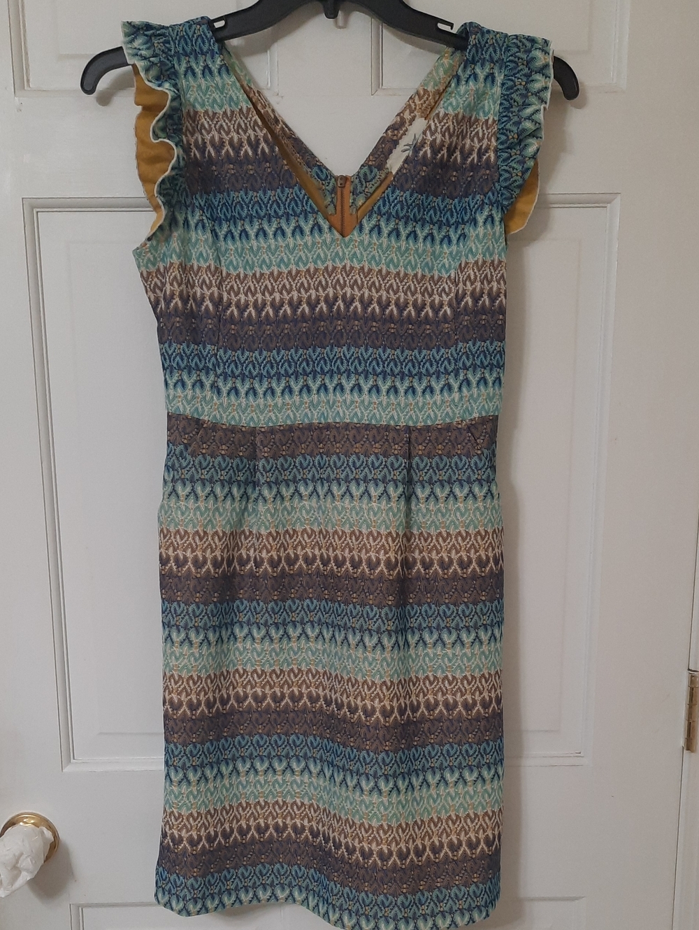 Tabitha Blue, Teal and Brown Striped Ruffle Sleeve Midi Dress